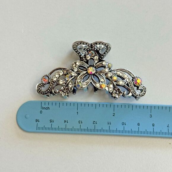 Vintage-Style Silver Tone Filigree Hair Clamp with Aurora Borealis Rhinestones - Picture 7 of 7
